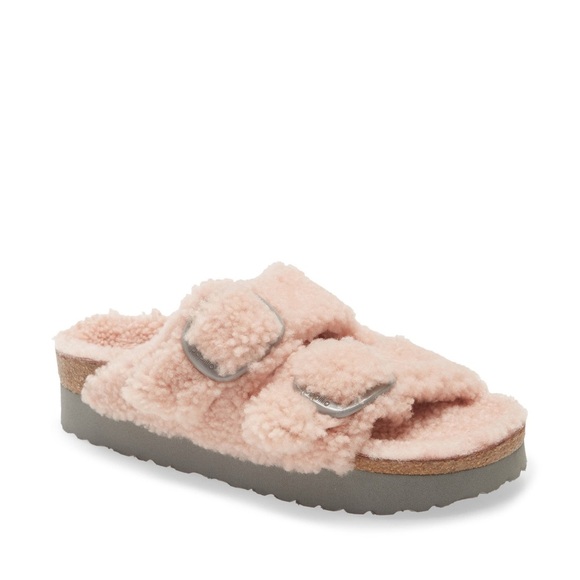 Birkenstock Papillio Arizona Big Buckle Shearling Slide Sandal Teddy Pink - Picture 1 of 9